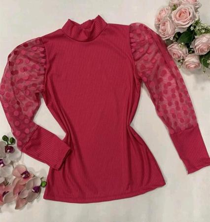 Kit 2 Blusas femininas canelada manga longa tule poa gola alta moda confortável - Filó modas Imagem de Kit 2 Blusas femininas canelada manga longa tule poa gola alta moda confortável