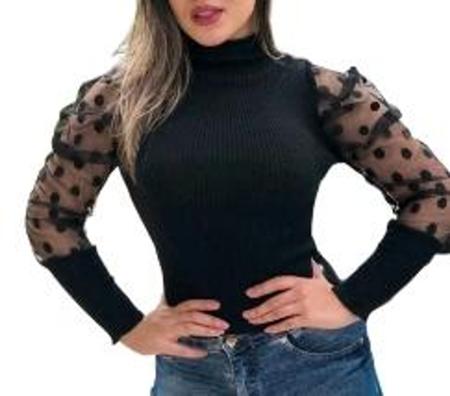 Kit 2 Blusas femininas canelada manga longa tule poa gola alta moda confortável - Filó modas Imagem de Kit 2 Blusas femininas canelada manga longa tule poa gola alta moda confortável