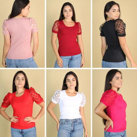 Imagem de KIT 2 Blusinha Feminina Plus Size Manga Curta Bufante Tule Bolinha Canelada Moda Gringa Evangélica Roupas Femininas