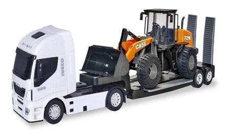 Caminhão de brinquedo basculante caçamba laranja e trator pa carregadeira 