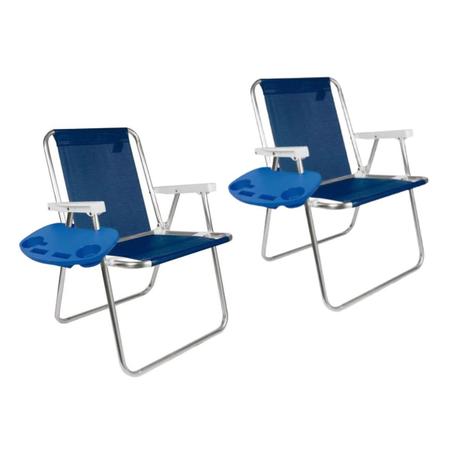 Imagem de Kit 2 Cadeira Aluminio Sannet Azul Marinho + 2 Mesa Porta Copos Mor