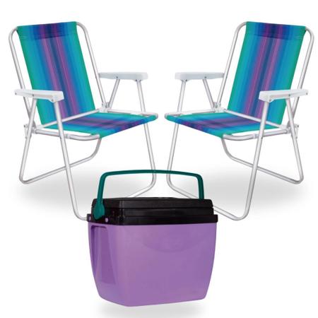 Imagem de Kit 2 Cadeiras de Praia Aluminio Colorida + Caixa Termica Cooler 26 L Roxa e Verde  Mor 