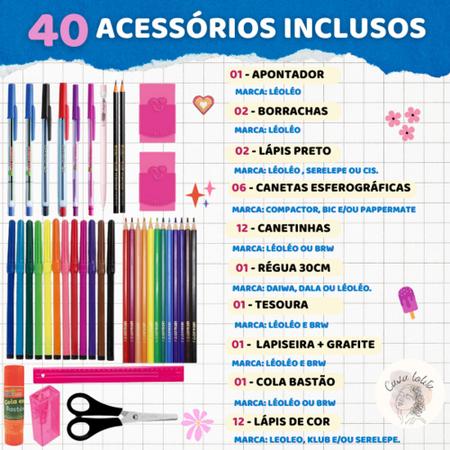 Imagem de Kit 2 Cadernos Menina 10 Matérias Material Escolar + 40 Acessórios