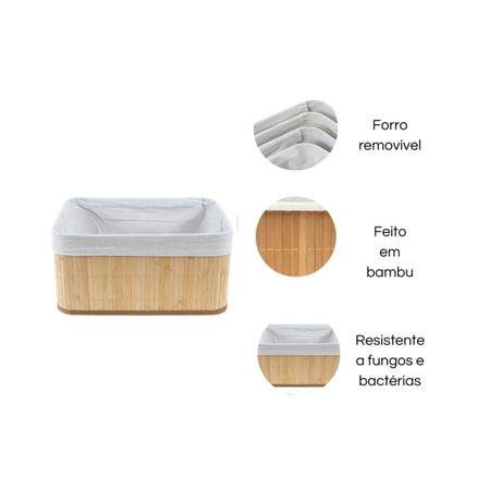 Imagem de Kit 2 Caixa Cesto Retangular Organizador Bambu Natural Tecido Linho 37x26cm Casa Decoração