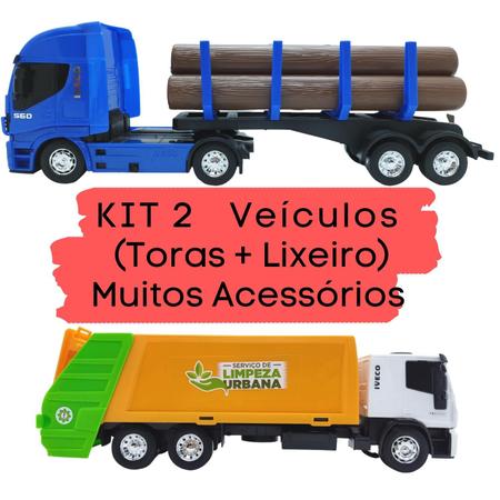 Kit 2 Caminhões Em Miniatura - Carga De Madeira + Coletor De Lixo