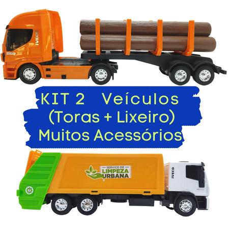 Kit 2 Caminhões Em Miniatura - Carga De Madeira + Coletor De Lixo