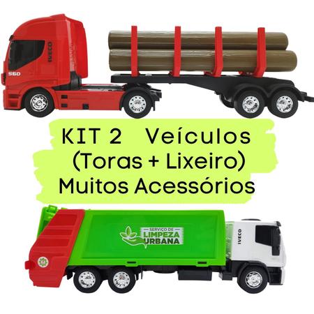 Kit 2 Caminhões Em Miniatura - Carga De Madeira + Coletor De Lixo