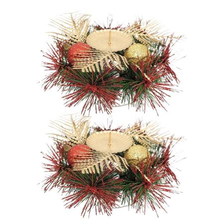 Imagem de Kit 2 Castiçal De Natal Decorado Luxo Bolas e Folhagens Dourado e Vermelho 15cm - Master Christmas