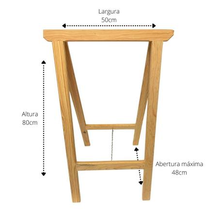 Imagem de Kit 2 Cavalete de Pinus Multiuso Dobrável P/ Mesa Tampo de Madeira Vidro 50cm C/ Corrente P/ Reforço