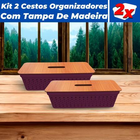 Imagem de Kit 2 Cestos Organizadores Rattan 3,6L C/ Tampa De Madeira