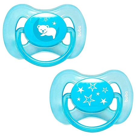 Imagem de Kit 2 Chupetas de Silicone Tamanho 2 Comfort Noturna Buba Desenho Ursinho e Estrelas Azul