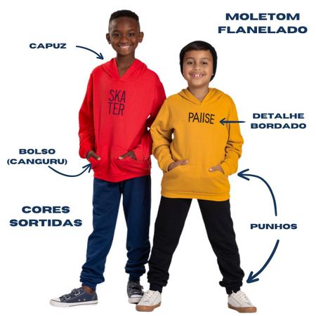 Imagem de Kit 2 Conjunto Moletom Infantil Juvenil Masculino Blusa e Calça Flanelado, c/ capuz bolso canguru Roupa menino inverno tamanhos 10 12 14