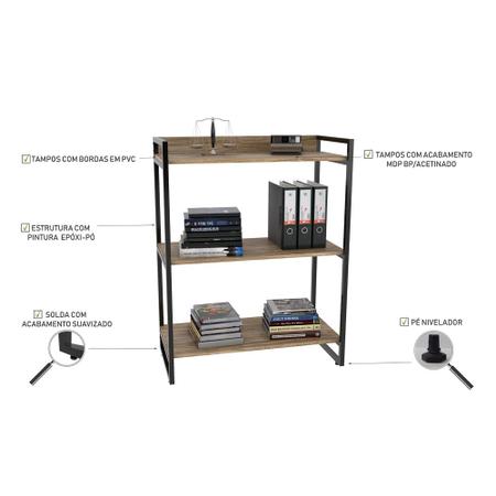 Imagem de Kit 2 Estantes Livreiro Prisma Estilo Industrial 80cm 3 Prateleiras Carvalho - Mpozenato