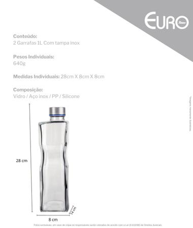 Imagem de Kit 2 Garrafas De Vidro Euro Home Quadrada H2o C/tampa Inox 1 Litro