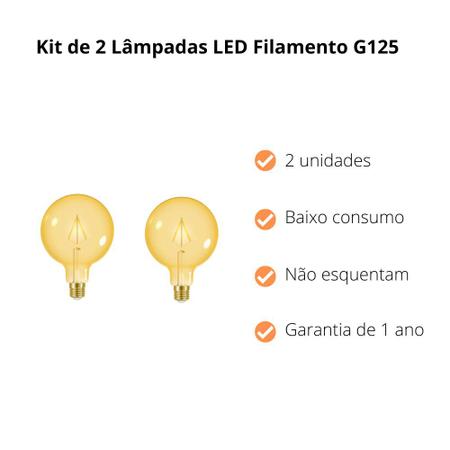Imagem de Kit 2 Lâmpadas LED Filamento Vintage Retrô G125 Globo Grande Âmbar Bivolt