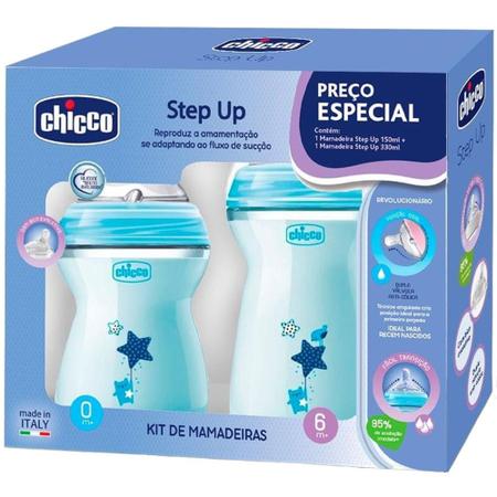 Imagem de Kit 2 Mamadeira Chicco Recém Nascido Step Up 150, 330ml Azul Presente Chá Bebê Menino