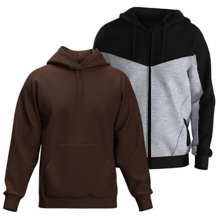 Kit 2 Moletons Jaqueta Com Ziper e Blusa de Frio Com Capuz