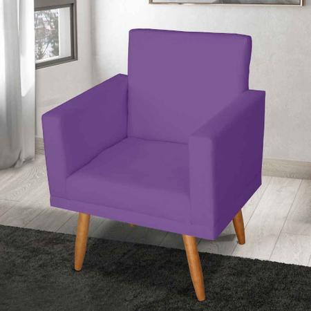 Imagem de Kit 2 Poltronas Decorativa Nina com Estrutura Madeira Maciça e Puff Sófia Pés Palito Roxo Mafer