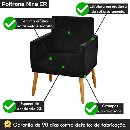 Imagem de Kit 2 Poltronas Decorativa Nina Tecido Sintético Preto com Rodapé