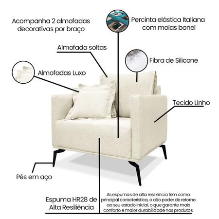 Imagem de Kit 2 Poltronas e Sofá Living 2 Lugares 1,80m Sirius Linho Natural Pés Metálicos - Pallazio