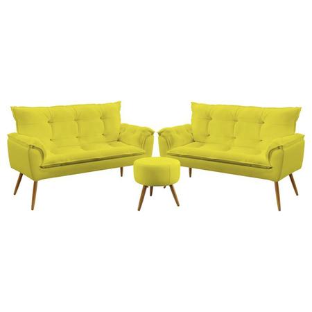 Imagem de Kit 2 Poltronas Namoradeiras Decorativas Estofadas Opala e Puff Solar Sued Amarelo Aradecor