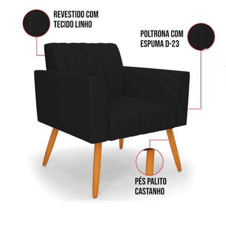 Imagem de Kit 2 Poltronas Viena Gomada Linho Preto A79 Pés Palito Castanho - D'Rossi