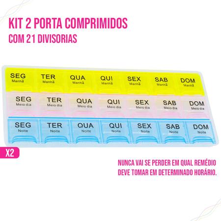 Imagem de Kit 2 Porta Comprimido 21 Divisórias Dias da Semana Coloridos 3 Horarios Organizador