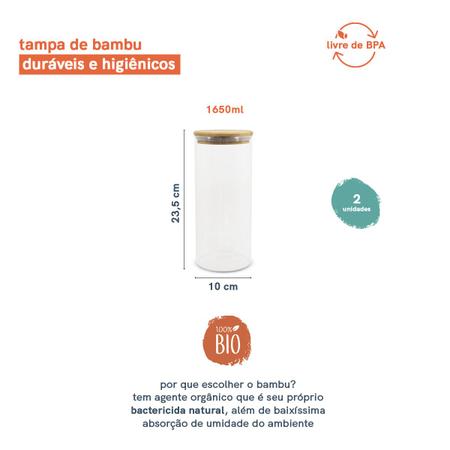 Imagem de Kit 2 Potes de Vidro P/ Mantimentos 1650ml C/ Tampa Bambu Oikos