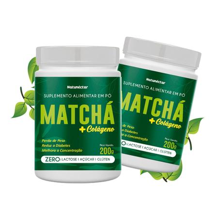 Imagem de Kit 2 Potes Matchá + Colágeno Suplemento Alimentar Chá em Pó Natural Instantâneo Legítimo Sabor 100% Puro Premium 200g Natunéctar