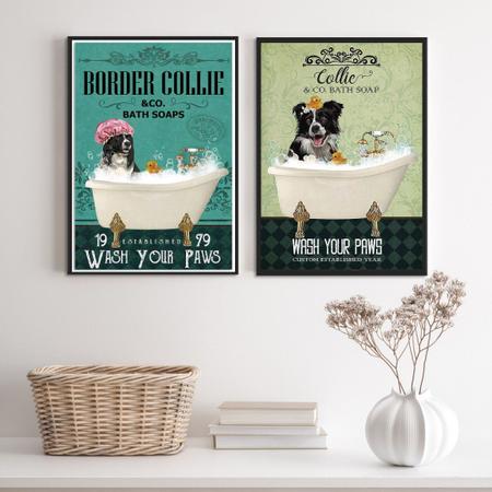 Imagem de Kit 2 Quadros Banheiro Cão Border Collie 45x34cm - com vidro