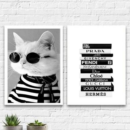 Kit 2 Quadros Fashion Gatinho Livros Moda 24x18cm - Quadros On-line Imagem de Kit 2 Quadros Fashion Gatinho Livros Moda 24x18cm