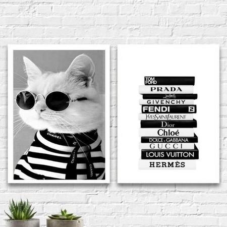 Kit 2 Quadros Fashion Gatinho Livros Moda 33X24Cm - Vidro - Quadros On-Line Imagem de Kit 2 Quadros Fashion Gatinho Livros Moda 33X24Cm - Vidro