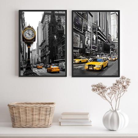 Imagem de Kit 2 Quadros Fotografias N.Y Preto/Branco Taxi 33x24cm - Vidro e Moldura