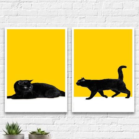 Imagem de Kit 2 Quadros Gato Preto Fundo Amarelo 33x24cm