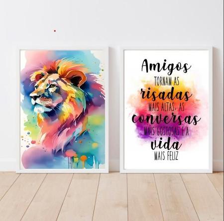 Imagem de Kit 2 Quadros Leão Frase Amigos 45x34cm Moldura Branca