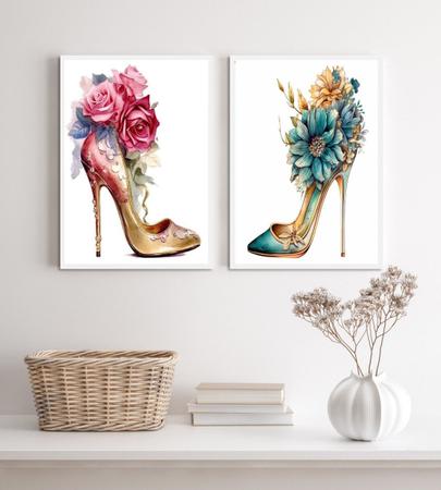 Imagem de Kit 2 Quadros Sapatos De Salto Com Flores 45x34cm - com vidro