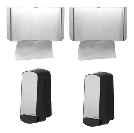 Kit 2 Saboneteiras 800ml - 2 Toalheiro Inox Nobre Escovado Imagem de Kit 2 Saboneteiras 800ml - 2 Toalheiro Inox Nobre Escovado