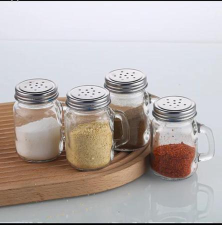 Imagem de Kit 2 Saleiro/Pimenteiro de vidro com alça e tampa inox cozinha moderna