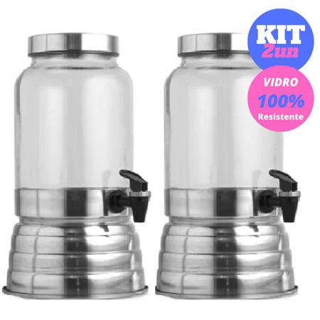 Imagem de Kit 2 Suqueiras De Vidro Dispenser Com Torneira Suporte Para Bebidas Suco Água Saborizada 3 Litros