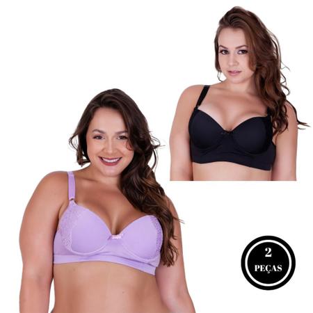 Imagem de Kit 2 Sutiã Reforçado Renda Bojão Soutien Plus Size Sustentação - KIT 2 REF. RENDA PRETO LILÁS