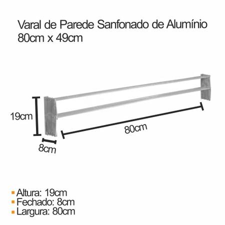 Imagem de Kit 2 Varal de Parede Sanfonado em Alumínio 0,80 cm