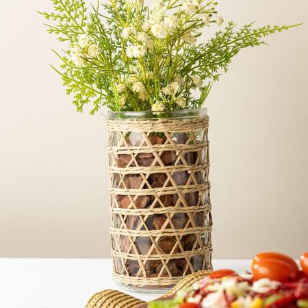 Imagem de Kit 2 Vasos Decorativos De Vidro & Fibra Natural Pequeno 10x13 Para Mesa