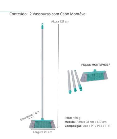 Imagem de Kit 2 Vassoura Com Cabo Montável Compacta Limpeza Geral Flash Limp Cor Cinza