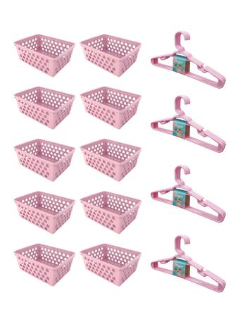 Imagem de Kit 20 Cabides Infantil Rosa + 10 Cestos Organizadores Rosa Pequeno 16x12