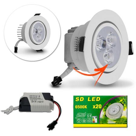 Imagem de Kit 20 Spot Super LED 3W Redonda Direcionável 6500K Branco Bivolt Alumínio 3 LEDs Gesso Sanca Teto