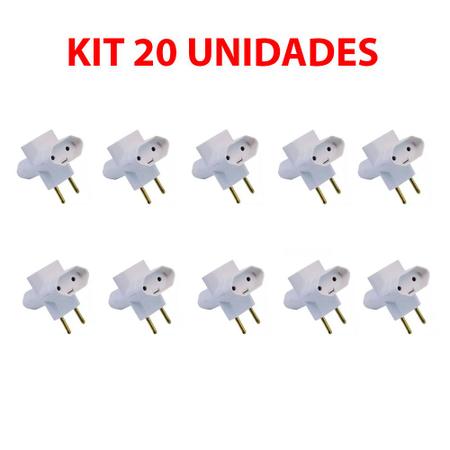 Imagem de Kit 20 Unidades Pino 3 Saídas 2 Pólos Adaptador Plugue Plug Branco Multiplicador de Tomadas 10A