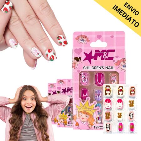 Imagem de Kit 24 Unhas Postiças Kids Auto adesiva Decorada Criança Menina Sortida