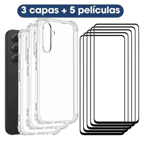 Imagem de Kit 2em1 Compatível Com Samsung Galaxy A54 5G - 03 Capas TPU Anti-Impacto + 05 Películas de Vidro 3D