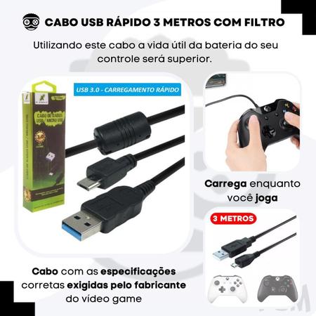 Imagem de Kit 2x Cabo Usb Controle 3m Compatível Xbox One S Fat Jogar Pc Notebook Grande 3m 3 Metros