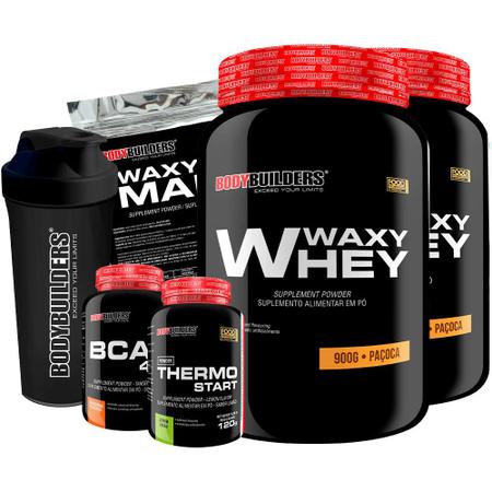 Imagem de KIT 2x Waxy Whey 900g + BCAA 100g Tangerina + Thermo Start Powder 120g + Waxy Maize 800g + Coqueteleira - Bodybuilders